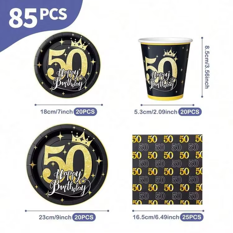 50th Black Gold Dots Happy Birthday Disposable Plates, Napkins And Cups Set, Serves 20 Guests. This Disposable Party Set (Including Plates, Napkins And Cups) Is Perfect For Birthday Parties, Weddings And Family Picnics. - View 9