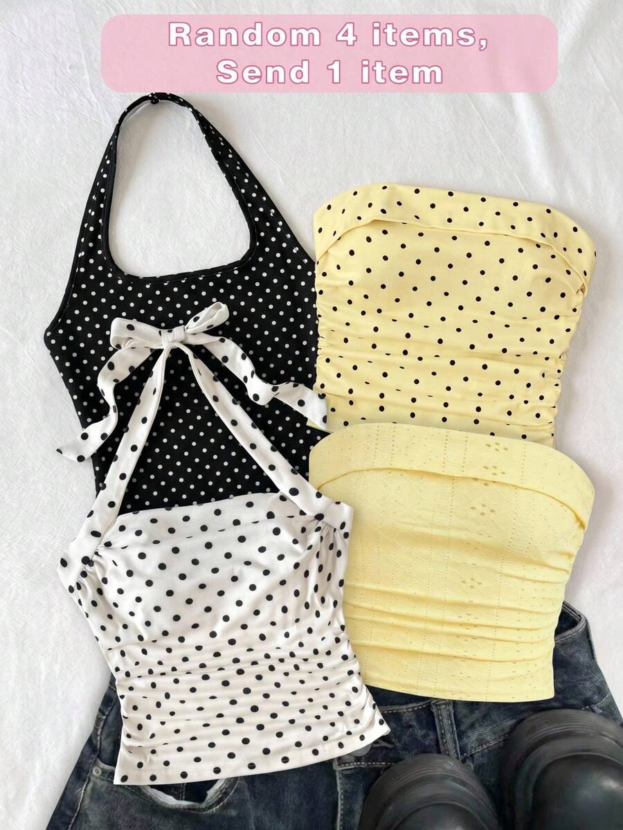 SHEIN Tween Girl Black And White Polka Dot,Summer,Cute,School Strapless Camisole Top,Hollow-Out Fabric Side Ruched Fitted Cropped Top,Spaghetti Strap Design - Yellow - View 1