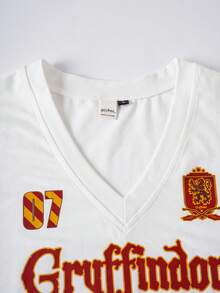 HARRY POTTER X SHEIN Camiseta de mujer de manga corta con cuello en V y estampado de letras, versátil y de moda - Blanco - View 4