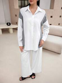 Mulvari Women's Gray White Splice Long Sleeve Blouse, Loose Fit Casual Shirt For Work Office Autumn - White - View 3