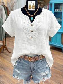 Linhara Plus Size Solid Color Lace Patchwork Notch Neck Casual Short Sleeve Shirt - White - View 4