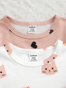 SHEIN 2pcs/Set Baby Girls' Spring/Autumn Outfits, Pink Kitty Cartoon All-Over Print Round Neck Long Sleeve With Ruffle Shoulder Design Paired With Pants, Heart Print Round Neck Long Sleeve With Ruffle Shoulder Design Paired With Pants, 4pcs Set, Comfortable & Cute Casual Wear - Multicolor - View 3