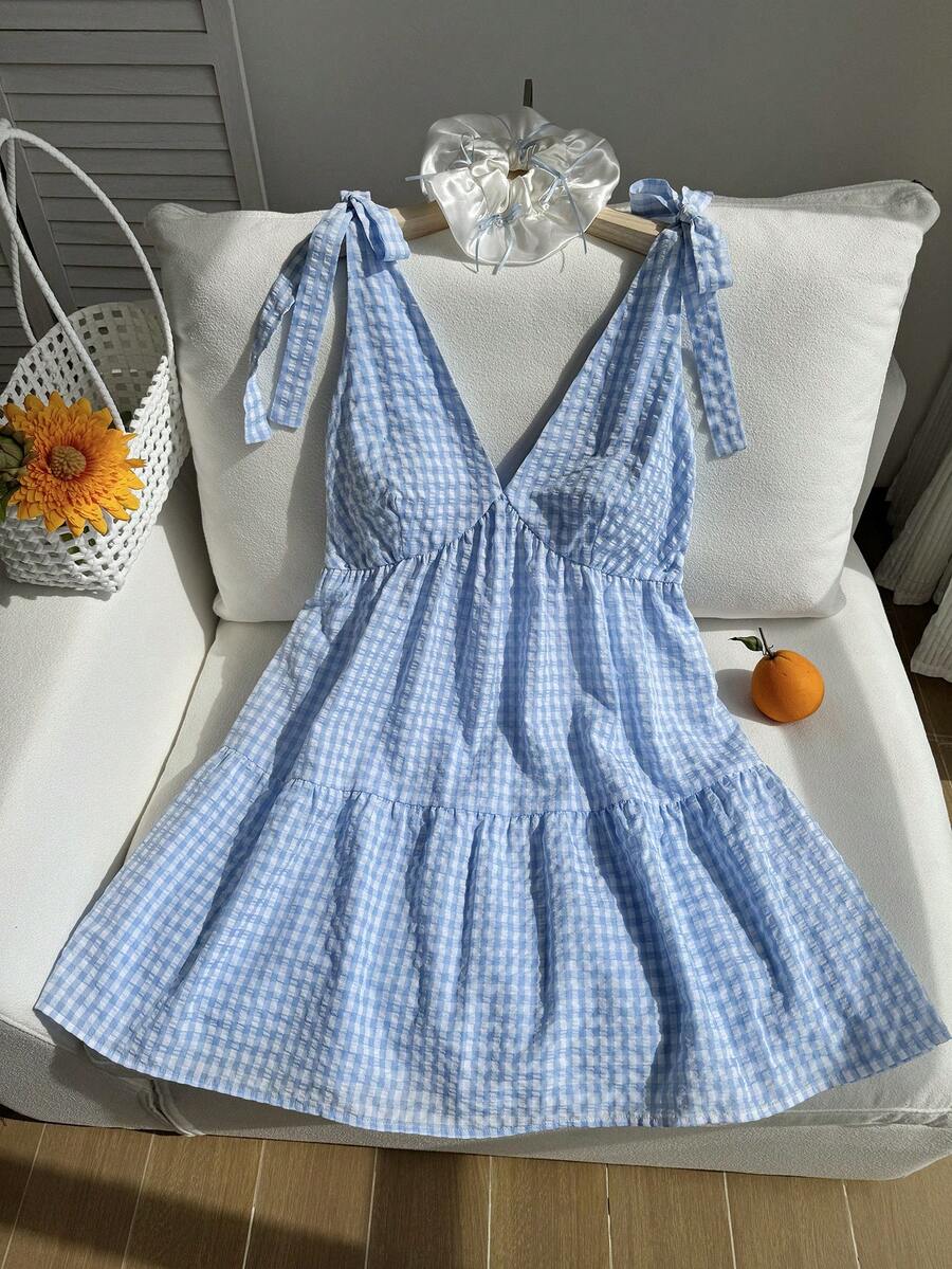 Comfortcana Đầm nữ casual đi nghỉ mát cổ chữ V họa tiết kẻ caro đen trắng thắt dây size lớn - Màu xanh lam - Xem 1