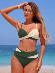 SHEIN Swim 性感女士撞色扭结前襟吊带比基尼套装高腰泳衣面料女士两件套泳装度假比基尼套装 - 彩色 - 查看 3
