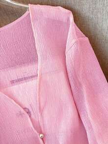 K-Vae Women's Delicate Textured Lightweight Sun Protection Cardigan, Sheer Pearl Button Short Shrug Thin Jacket For Summer - Pink - View 5
