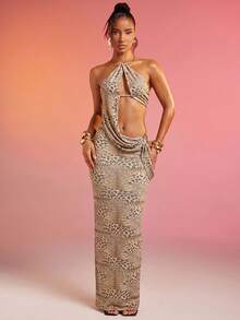 Hauture Halter Neck Dramatic Plunge Neck Printed Mesh Dress With Gold Metal Hardware Detail - Multicolor - View 4