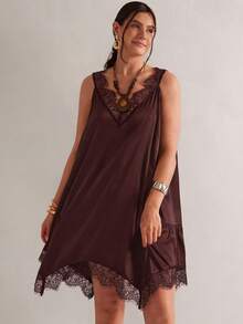 Freevana Vestido de talla grande de unicolor con parches de encaje - Burdeos - Ver 5