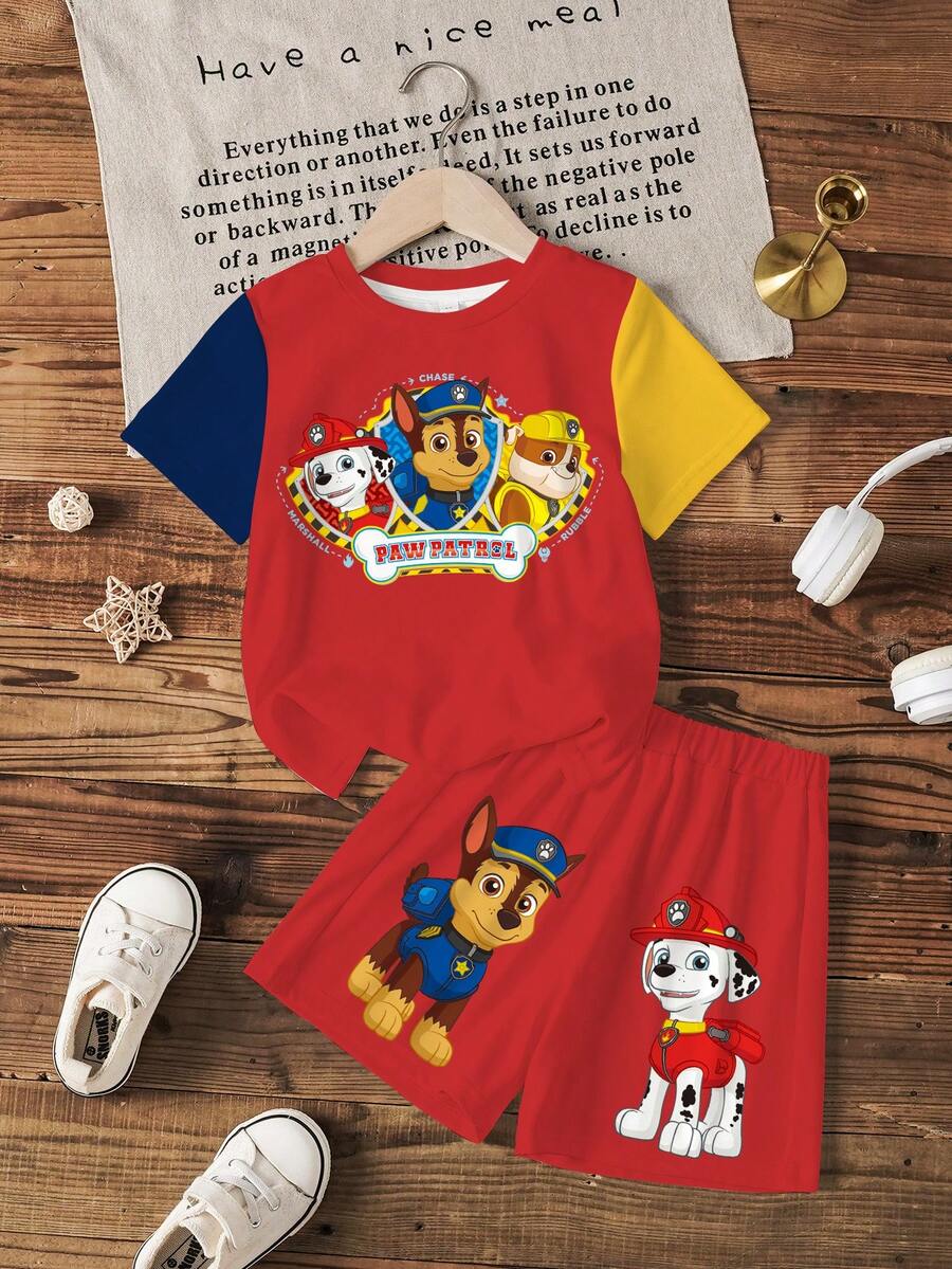 SHEIN | PAW Patrol 2件組 男童對比色卡通印花圓領T恤短褲套裝 - 白色 - 查看 1