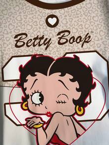 Betty Boop x SHEIN Plus Size Colorblock Trim Cute Print Short Sleeve T-Shirt Date Night Brunch Beige Summer Casual Alternative - White - View 5