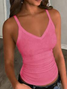 Light Pink Summer Casual Vacation Women Tank Top, Ribbed V-Neck Racerback Gathered Solid Basic Versatile Club Yoga Boho Style Beach Outfits - Coral Pink - View 1