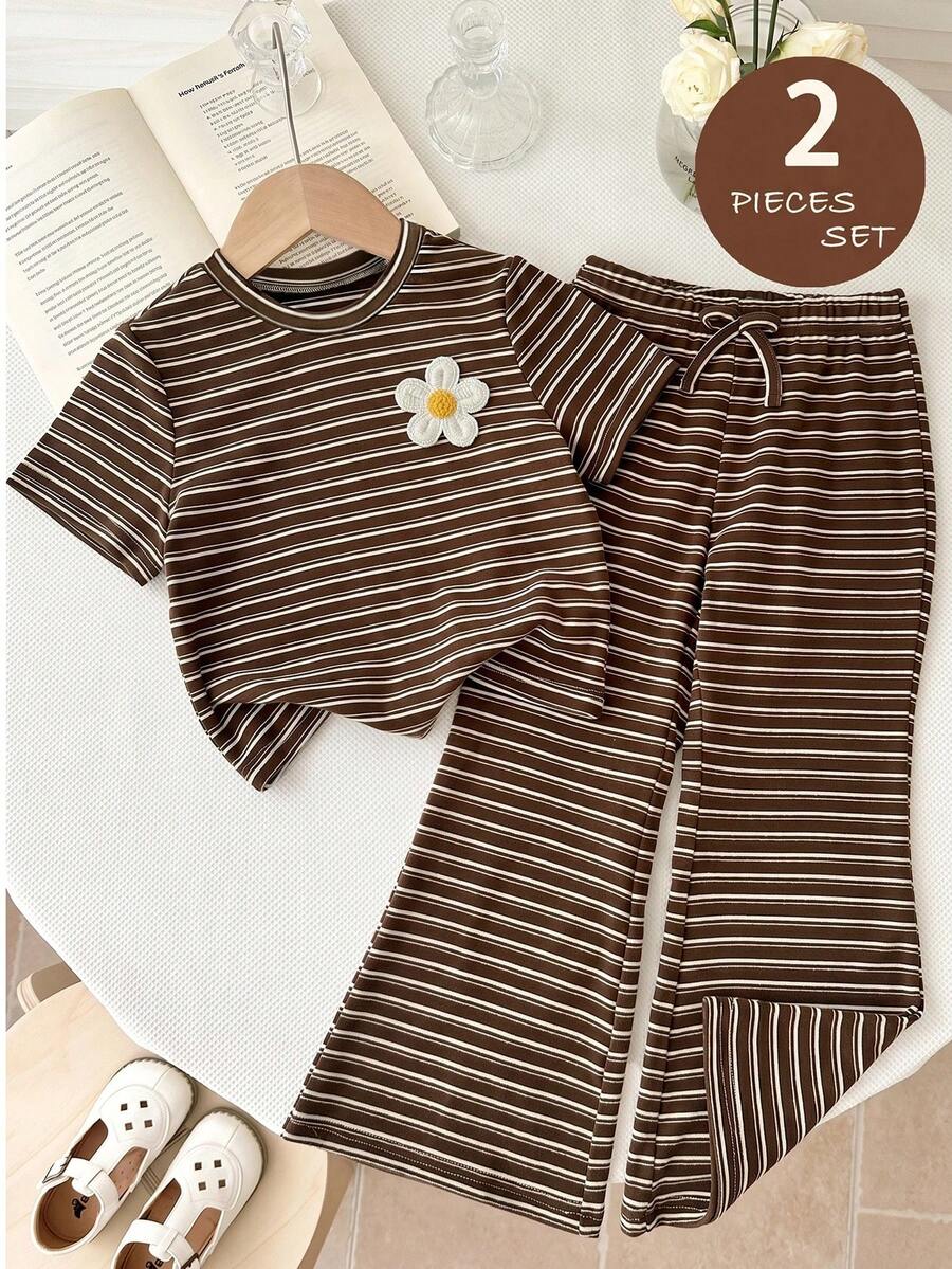 LMoss Kids 女童夏季休闲条纹印花圆领短袖T恤和喇叭裤套装 - 棕色 - 查看 1