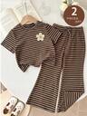 LMoss Kids Young Girl Summer Casual Striped Floral Decor Round Neck Short Sleeve T-Shirt And Flare Pants Set