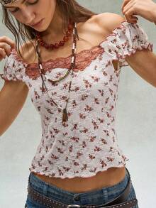 Bohemela Women's Retro Floral Lace Patchwork Batwing Sleeve T-Shirt - Multicolor - View 6