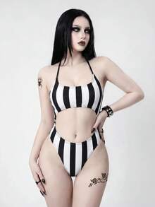 ROMWE Women's Vacation Beach Beach Party Black And White Striped Backless Halter One-Piece Swimsuit Summer Goth - Black and White - View 1
