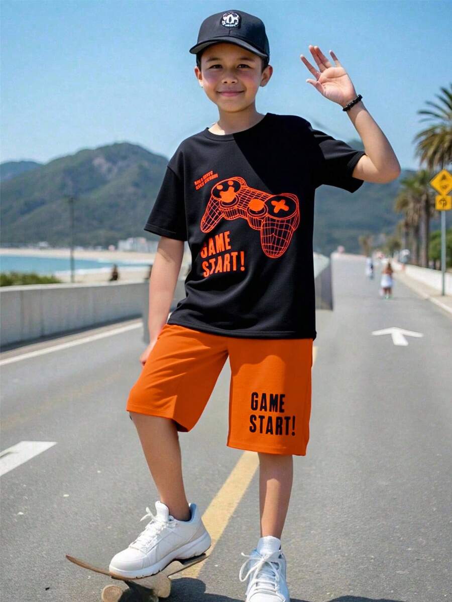 两件套儿童/青少年男童休闲百搭舒适电子游戏图案印花圆领宽松短袖T恤和短裤套装,适合学校、花园、海滩、生日、春季、夏季、秋季、冬季穿着。 - 橘色 - 查看 1