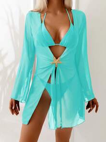 Swim Basics 女士纯色七分袖防晒沙滩度假和服罩衫 - 薄荷綠 - 查看 4