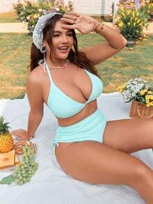 Swim Mod Bộ đồ bơi nữ cỡ lớn mới năm 2026, 2 món/bộ, họa tiết sọc ngẫu nhiên, cạp cao, có dây rút, kiểu dáng thường ngày. - Màu xanh bạc hà - Xem 6