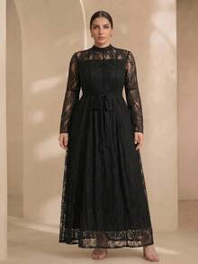 Graceveil Đầm dáng chữ A size lớn màu trơn thanh lịch, tay dài ren, eo chiết, phù hợp cho mùa xuân và mùa hè, màu đen - màu đen - Xem 5