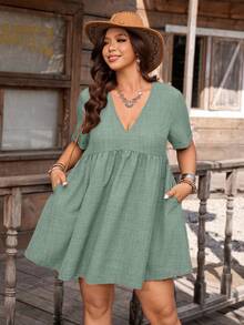 Nubod Plus Size Women's Elegant V-Neck Textured A-Line Short Sleeve Dress, Suitable For Commuting In Summer - Green - View 1