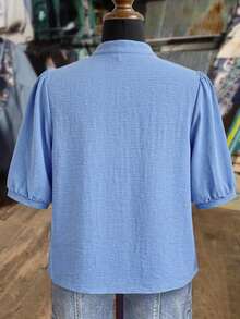 Rusticease Blus Ukuran Besar Warna Biru dengan Kerah Tegak dan Lengan 3/4, Elegan untuk Kantor, Musim Gugur/Musim Dingin 2026 - Biru - View 2