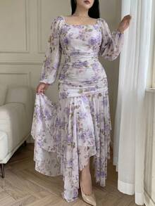 Feyla Große Größen Kleid mit Blume Muster, quadratischem Ausschnitt, Rüschen und eleganten Langärmeln - Violett - Übersicht 4