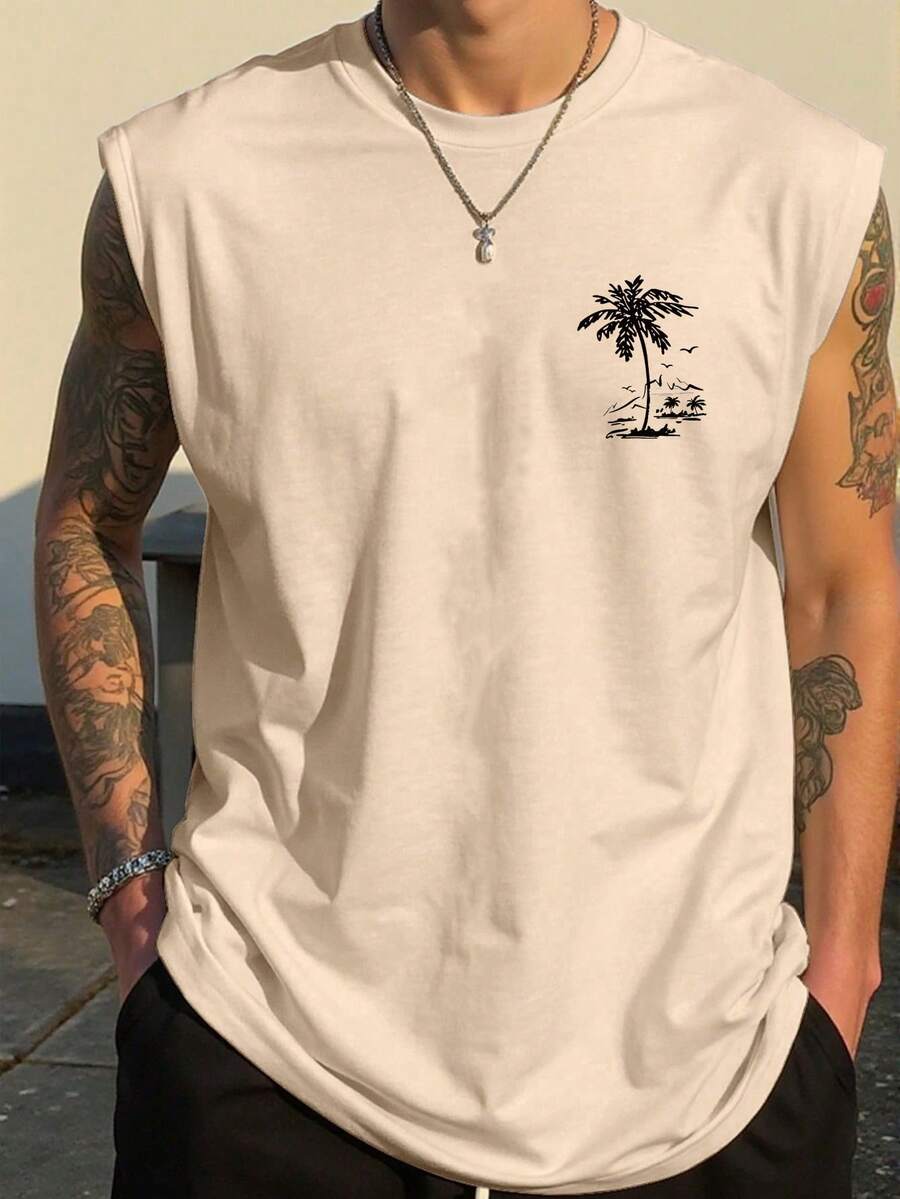 Manfinity Homme Men's Summer Casual Vacation Tree Print Tank Top - Khaki - View 1
