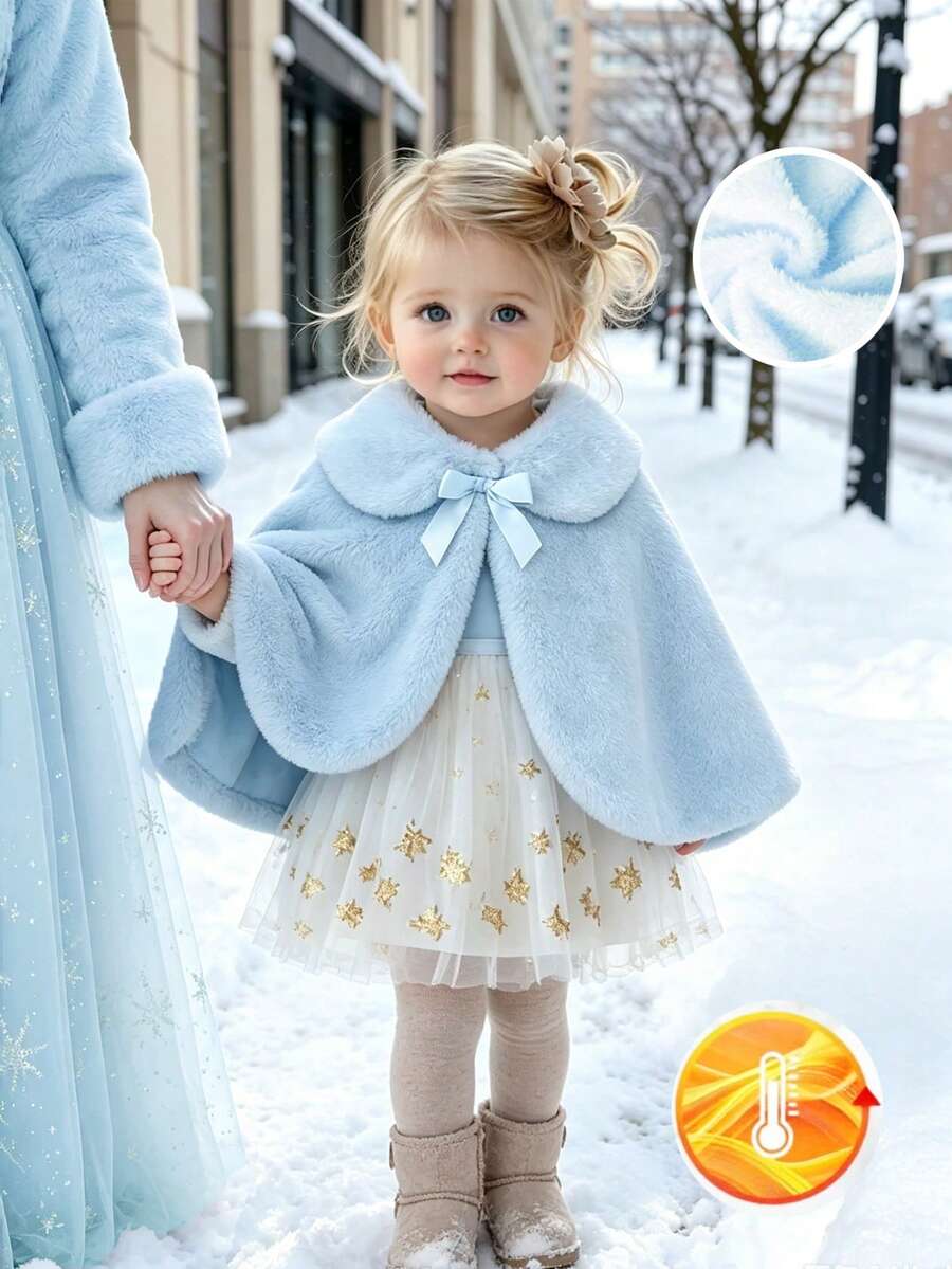 SHEIN Elladie kids 女婴秋冬新款白色蓬松人造保暖内衬休闲优雅外套 - 淺藍色 - 查看 1