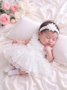 2 piezas Conjunto de vestido elegante para bebé niña recién nacida | Encaje blanco + Falda de tul con decoración floral 3D, estilo dulce y delicado adecuado para fiesta, sesión de fotos, ocasiones festivas, suave y cómodo, artículo de regalo encantador - Blanco - Ver 9
