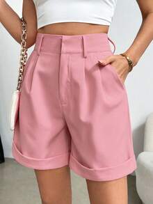 SHEIN Clasi Plus Size Women Casual Solid Color Cuffed Shorts - Dusty Pink - View 3