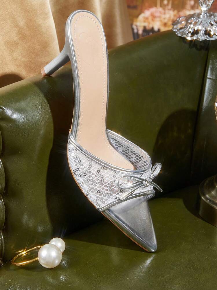CUCCOO TILAWA Women's Fashion, Women's High-Heeled Sandals, Light Silver, Rhinestones, Satin Material, Pointed, Commuting, Comfort, Indoor, Office, Street, Party, Travel, Vacation, Spring And Summer, Suitable For Dresses, Jeans, Shorts, Stiletto Slippers