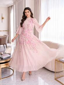 Auveirra Plus Size Women Elegant Floral Print Tie Neck Dress Sundress Pink - Pink - View 5