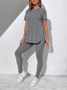 SHEIN Essnce Women's Casual Sports Daily Commute Simple Solid Color Short Sleeve Split Hem T-Shirt And Leggings 2-Piece Set, Spring/Summer,Summer Outfits For Women - Grey - View 4