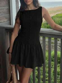 Aloruh Light Yellow Sleeveless Mini Dress, Elegant Business Casual Short Dress, Solid Color Dress - Black - View 4