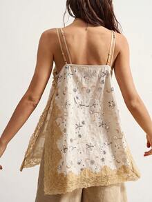 Bohemela Boho Vacation Casual Woven Fitted Camisole Top For Women White And Blue Floral Summer - Apricot - View 4
