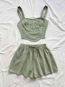 Conjunto de 2 piezas de camiseta sin mangas y pantalones cortos de unicolor casual para vacaciones de mujer - Verde - Ver 5