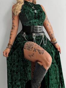 Whyspr Dark Asymmetrical Pattern Dress With High Slit And Sheer Details - Dark Green - View 1