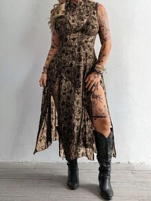 Whyspr Asymmetrical Pattern Sheer High Slit Dress In Black - Khaki - View 8