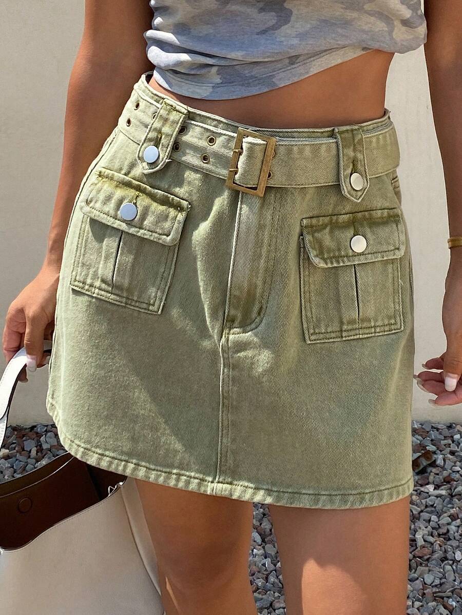 Livesso High Waist Khaki Solid Color Button A-Line Full Skirt Women's Denim Skirt - Green - View 1