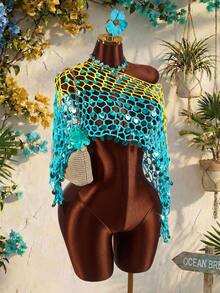 Amplova Áo khoác ngoài móc gợi cảm phong cách avant-garde cho nữ, phù hợp đi nghỉ dưỡng, áo crop top móc vai lệch đính sequin, màu xanh ombre dễ thương, hàng mới về cho đi biển và resort - Màu xanh lam - Xem 7