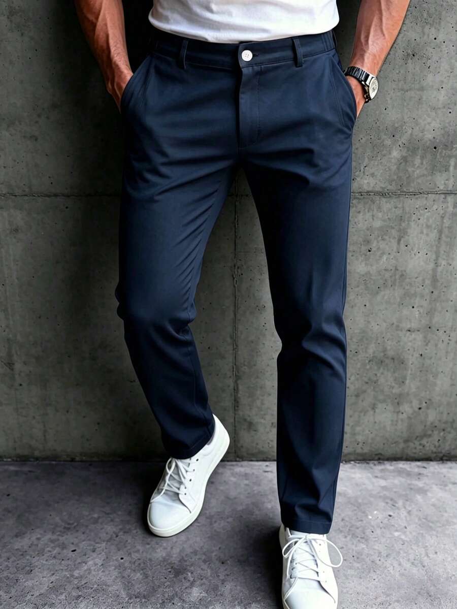 Manfinity Mode Men's Solid Color Commuter Casual Pants With Slant Pockets - Navy Blue - View 1