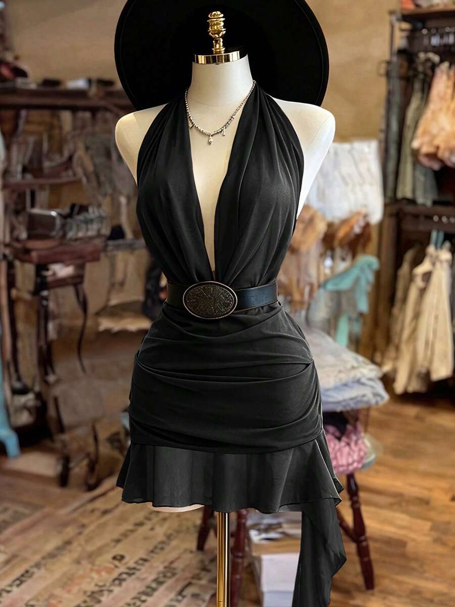 NostaNoir Halter Neck Backless Ruffle Hem Women's Dress - Black - View 1