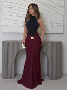 Jemour High-End Black & White Contrast Color Elegant Sexy Backless Maxi Dress, Fashion Metal Buckle Decor, Ruched Bodycon Design, Suitable For Romantic Date, Wedding, Bridesmaid, Formal Party, Work Commute, Resort Evening, Beach Vacation,Summer Dresses For Women - Red and Black - View 1