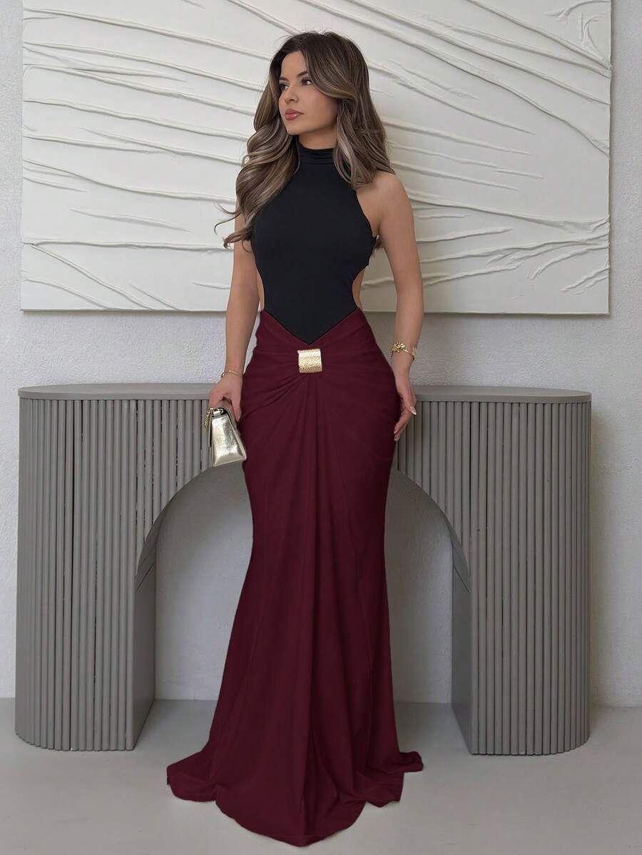 Jemour High-End Black & White Contrast Color Elegant Sexy Backless Maxi Dress, Fashion Metal Buckle Decor, Ruched Bodycon Design, Suitable For Romantic Date, Wedding, Bridesmaid, Formal Party, Work Commute, Resort Evening, Beach Vacation,Summer Dresses For Women - Red and Black - View 1