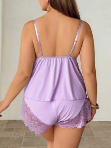 SHEIN Privé Plus Size Lace Patchwork Elastic Knit Sexy Backless Camisole & Shorts Pajama Set Purple Sleepwear Set For Women Sexy Elegant Lace Sleepwear Outfit Set For Women - Mauve Purple - View 2