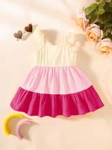 SHEIN Newborn Baby Contrast Color Ruffle Front Button Dress - Hot Pink - View 4