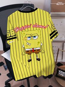 SpongeBob SquarePants | SHEIN 男士休闲条纹卡通图案撞色滚边圆领短袖T恤，夏季 - 白色 - 查看 2