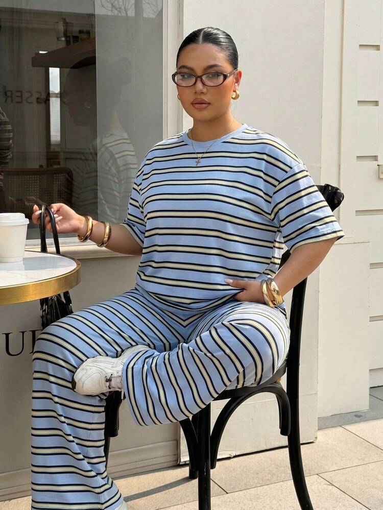 Muchica Plus Size Blue Striped Print Round Neck Top And Loose Pants 2 Pieces Set - Blue - View 7