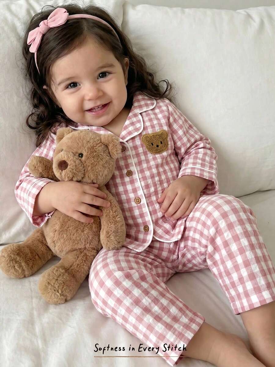 Cozy Pixies Set 2 Potong untuk Bayi Perempuan: Kardigan Lengan Panjang dengan Kerah dan Celana Panjang Pinggang Elastis Motif Beruang Kartun - Dusty Pink - View 1