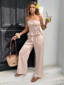 SHEIN Bộ đồ đôi nữ tuổi teen phong cách thường ngày, chất liệu vải dệt họa tiết kaki, kiểu áo quây buộc dây phía trước kẻ sọc nhún bèo và quần ống rộng cạp thấp có dây rút, thích hợp cho mùa hè, chụp ảnh đường phố, ăn trưa. - Màu Khaki - Xem 2
