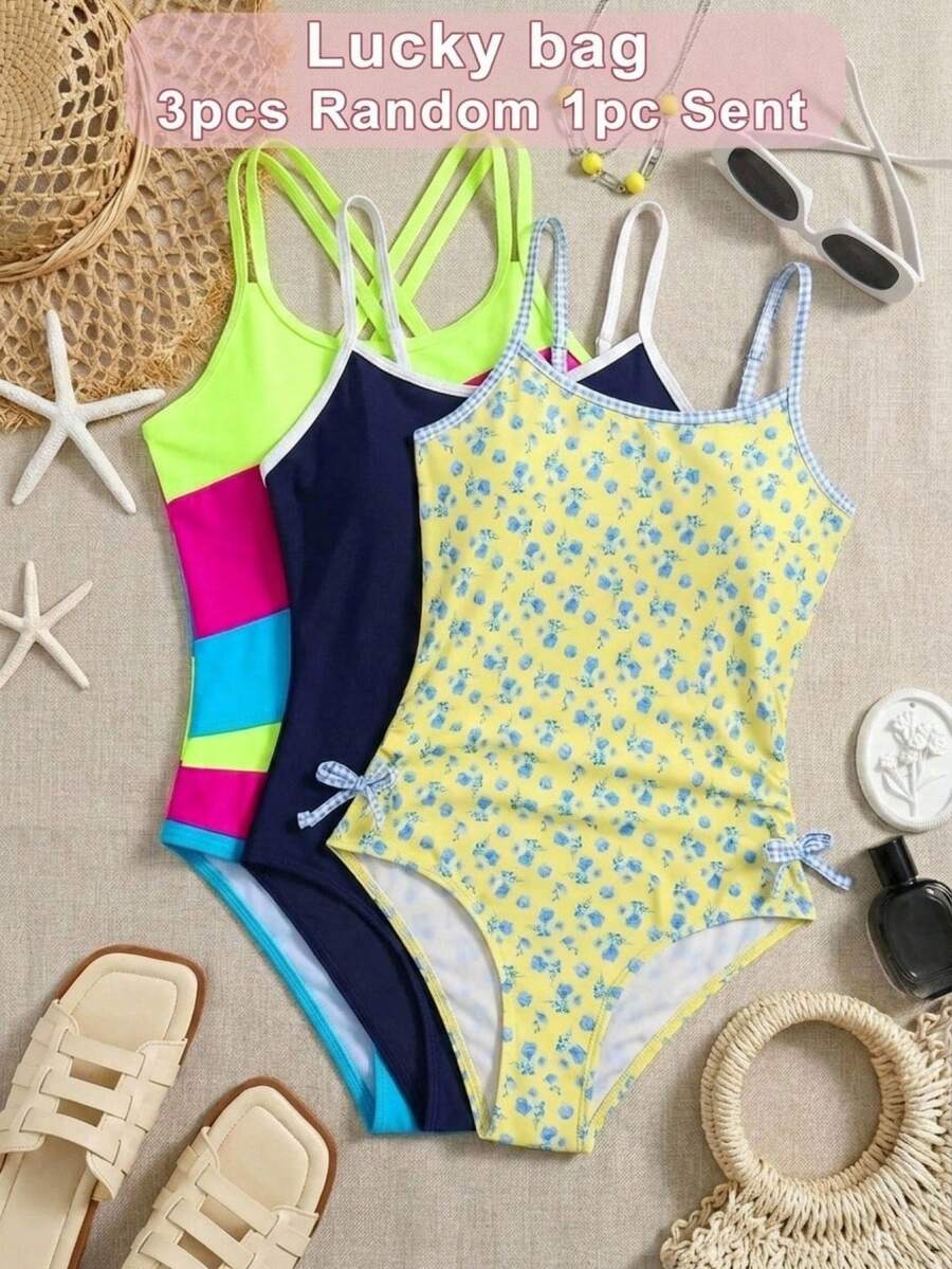 SHEIN Tween女孩連身泳衣,適合夏季海灘與休閒度假-溫柔、復古、甜美,雙面印花設計:碎花圖案搭配格紋圖案,側邊抽繩設計打造貼身效果,海灘與海邊出遊的理想選擇,亦適合作為春秋季泳裝 - 彩色 - 查看 1